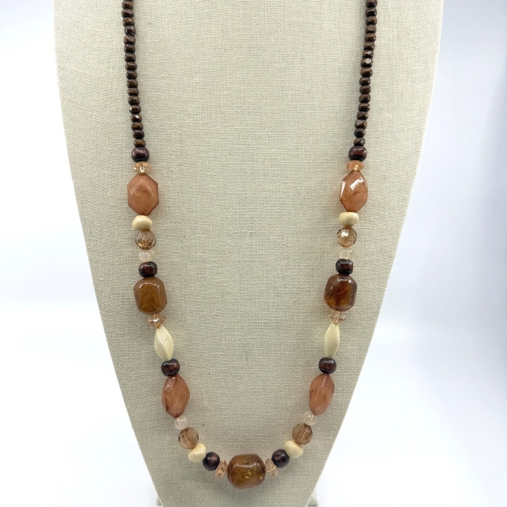 Boho Long Beaded Necklace - Brown Cream Geometric Statement Jewelry